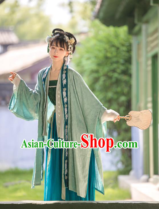 Traditional Chinese Song Dynasty Court Costumes Ancient Princess Hanfu Garment Embroidered Green BeiZi Blouse Top and Skirt Complete Set