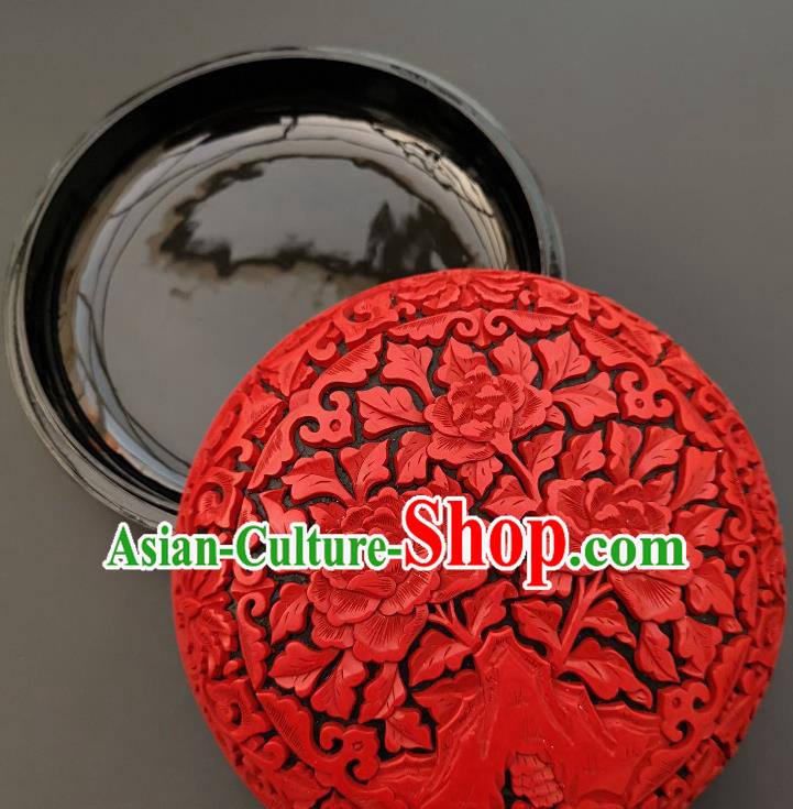 Chinese Handmade Carving Peony Lacquer Inkpad Box Traditional Lacquerware Craft Wedding Red Rouge Box