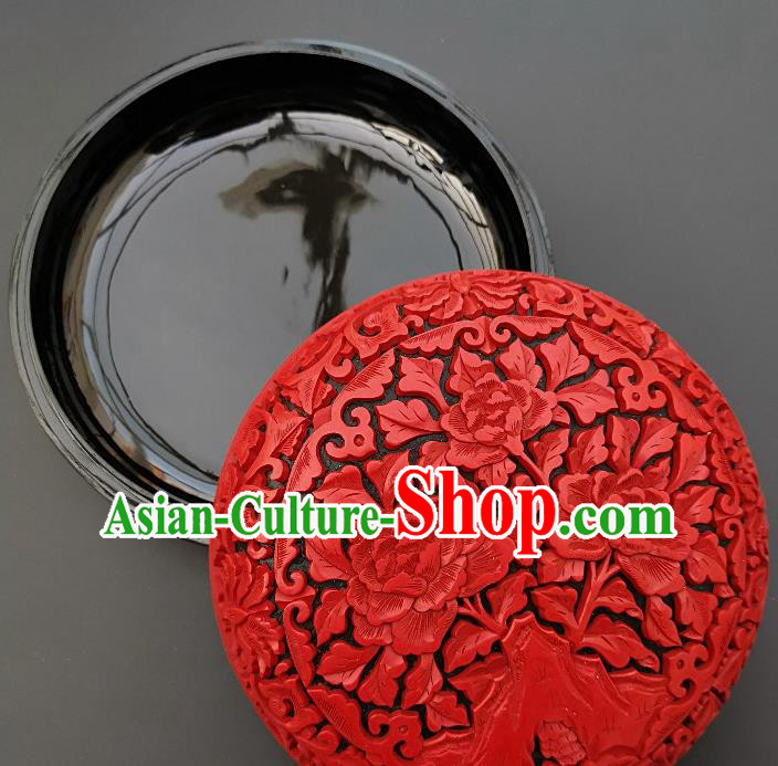Chinese Handmade Carving Peony Lacquer Inkpad Box Traditional Lacquerware Craft Wedding Red Rouge Box