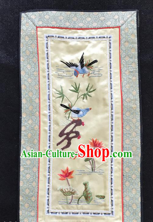 Chinese National Embroidered Lotus Birds Paintings Traditional Handmade Embroidery Decorative Light Yellow Silk Picture Craft