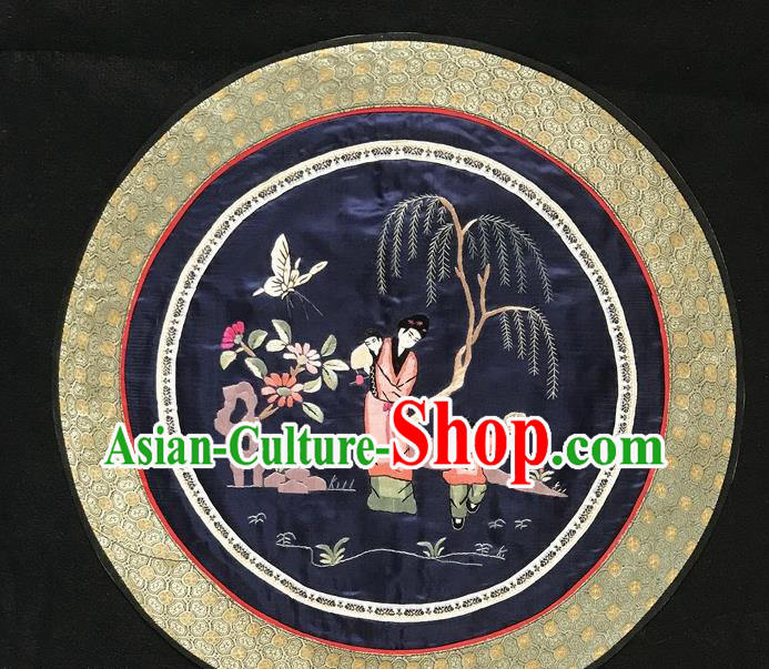 Chinese National Embroidered Round Paintings Traditional Handmade Embroidery Decorative Navy Silk Picture Craft