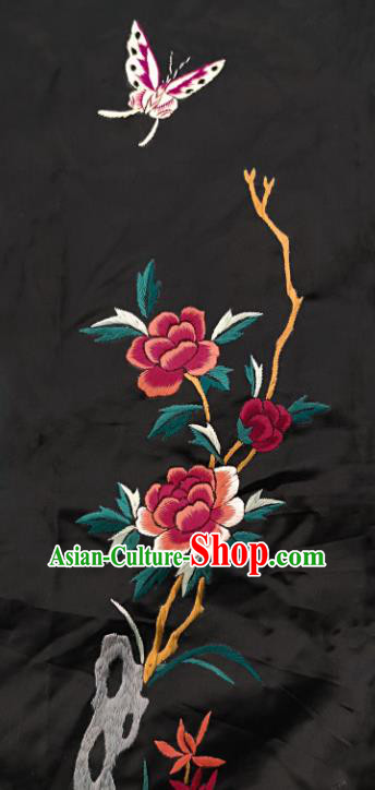 Chinese National Embroidered Peony Butterfly Black Silk Painting Traditional Handmade Embroidery Craft Embroidering Decorative Wall Picture