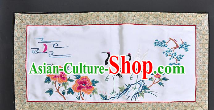 Chinese National Embroidered Crane Peony White Silk Paintings Traditional Handmade Embroidery Craft Decorative Wall Picture