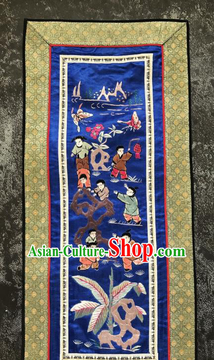 Chinese National Embroidered Boys Royalblue Silk Paintings Traditional Handmade Embroidery Decorative Picture Craft