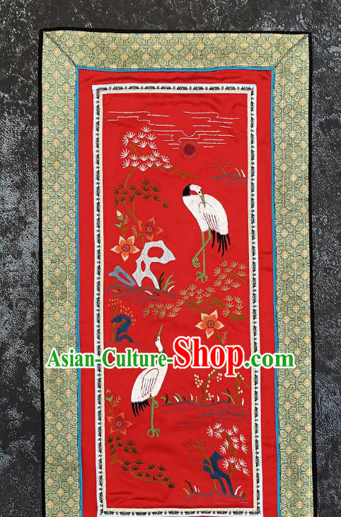 Chinese National Embroidered Pine Cranes Red Silk Paintings Traditional Handmade Embroidery Decorative Picture Craft