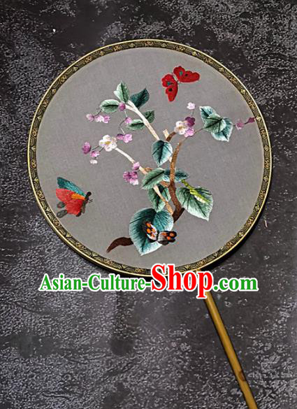 Chinese Traditional Embroidery Flowers Palace Fans Handmade Mottled Bamboo Round Fan Embroidered Butterfly Silk Fan Craft