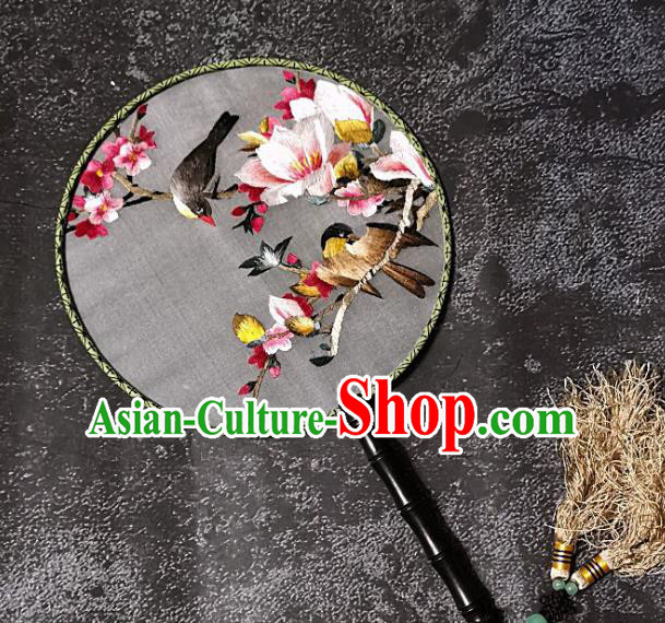 Chinese Traditional Embroidery Yulan Magnolia Palace Fans Handmade Round Fan Embroidered Birds Silk Fan Craft
