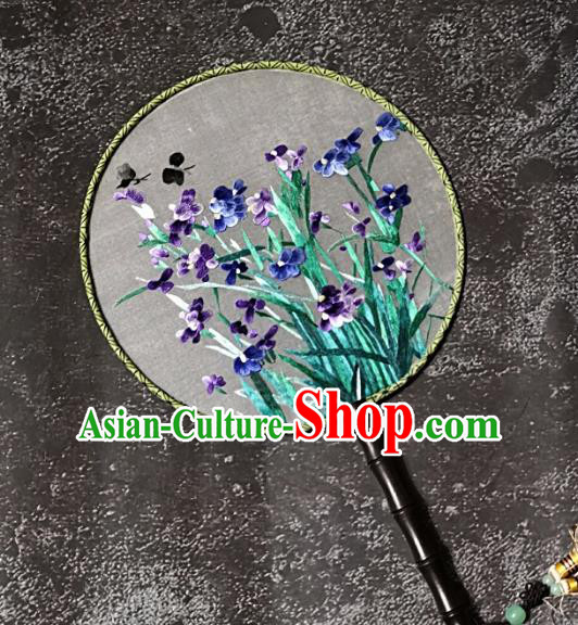 Chinese Traditional Embroidery Orchids Palace Fans Handmade Round Fan Embroidered Silk Fan Craft