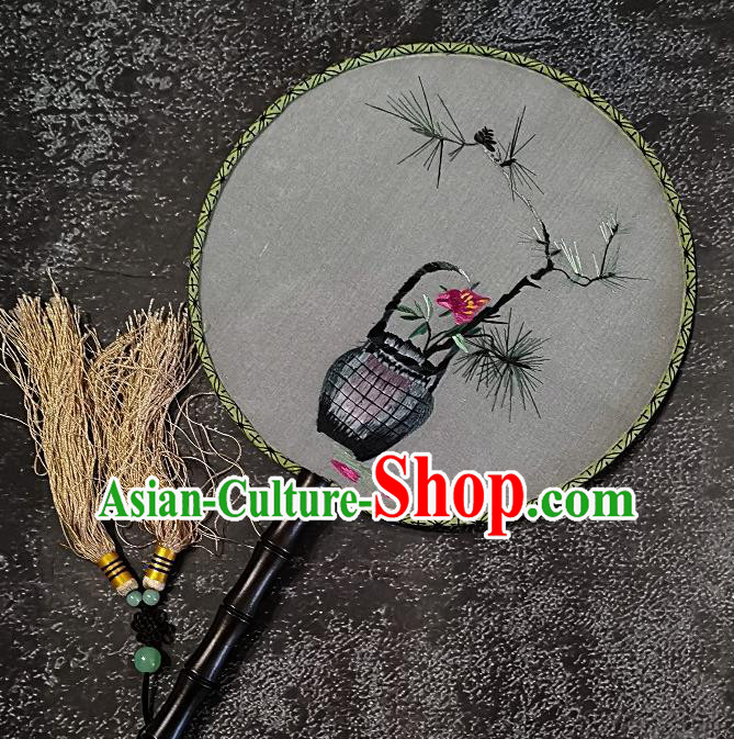 Chinese Traditional Embroidery Pine Vase Palace Fans Handmade Round Fan Embroidered Silk Fan Craft