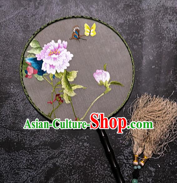 Chinese Traditional Embroidered Palace Fans Handmade Embroidery Peony Round Fan Silk Fan Craft