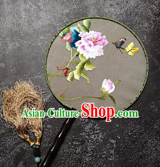 Chinese Traditional Embroidered Palace Fans Handmade Embroidery Peony Round Fan Silk Fan Craft