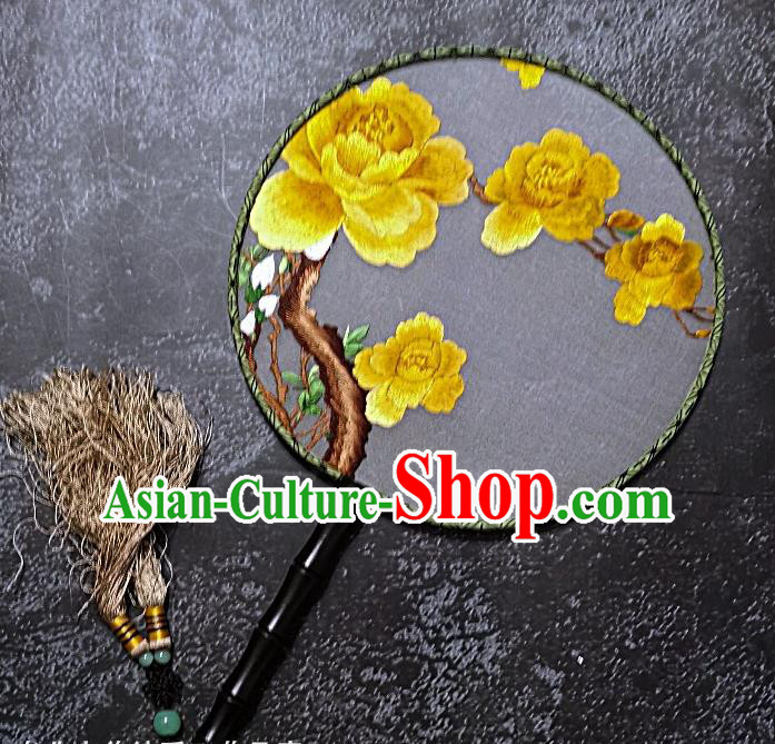 Chinese Traditional Embroidered Palace Fans Handmade Embroidery Yellow Peony Round Fan Silk Fan Craft
