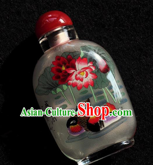 Chinese Handmade Snuff Bottle Traditional Inside Painting Mandarin Duck Lotus Snuff Bottles Artware