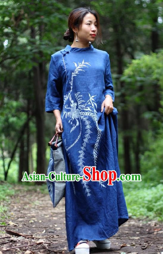 Traditional Chinese Hand Painting Phoenix Qipao Dress National Costume Tang Suit Blue Flax Cheongsam for Women
