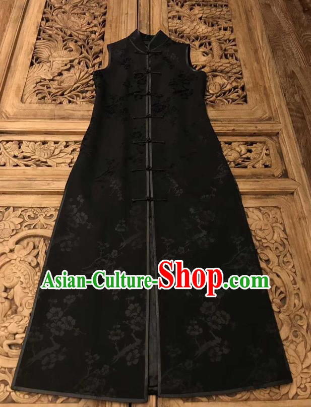 Traditional Chinese Black Silk Long Vest National Costume Republic of China Stand Collar Dress for Women