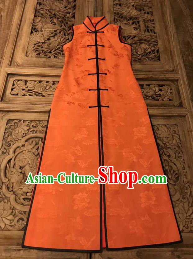 Traditional Chinese Orange Silk Long Vest National Costume Republic of China Stand Collar Dress for Women
