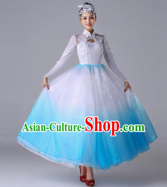 Traditional Chinese Chorus Sing Dance Outfits Classical Dance Blue Dress Opening Dance Stage Performance Costume for Women