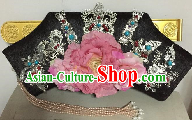 Chinese Traditional Qing Dynasty Queen Pink Peony Hair Accessories Flag Bun Drama Ancient Imperial Concubine Headwear