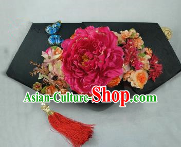 Chinese Traditional Qing Dynasty Queen Hair Accessories Rosy Peony Flag Bun Drama Ancient Imperial Concubine Headwear
