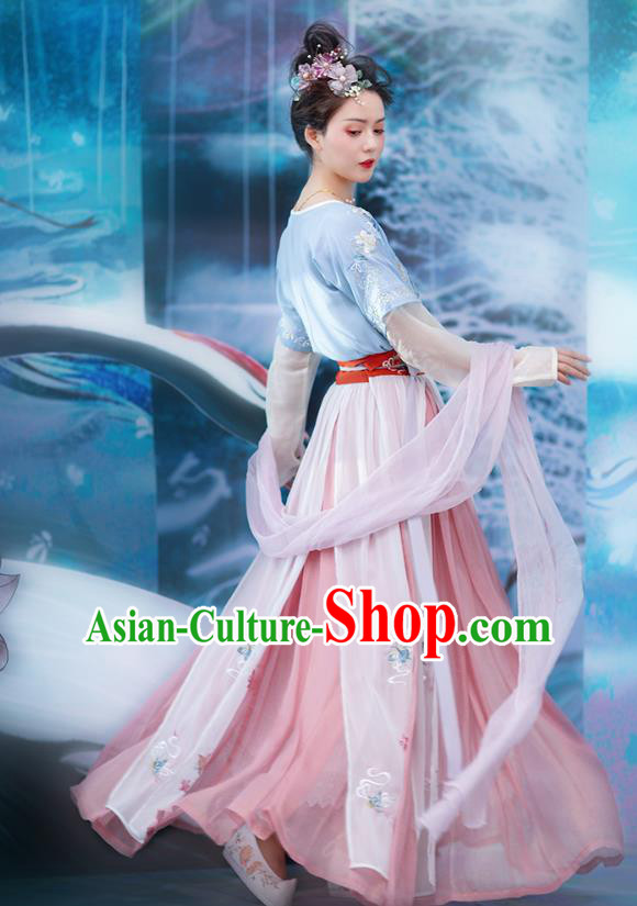 Traditional Chinese Ancient Goddess Hanfu Dress Apparels Tang Dynasty Palace Lady Embroidered Historical Costumes Complete Set