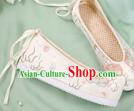 Chinese Traditional National Shoes White Cloth Shoes Embroidered Peony Shoes Hanfu Shoes Women Shoes Handmade Shoes