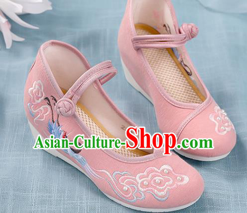 Chinese Traditional National Shoes Pink Cloth Shoes Embroidered Crane Cloud Shoes Hanfu Shoes Women Shoes Increased Within Shoes