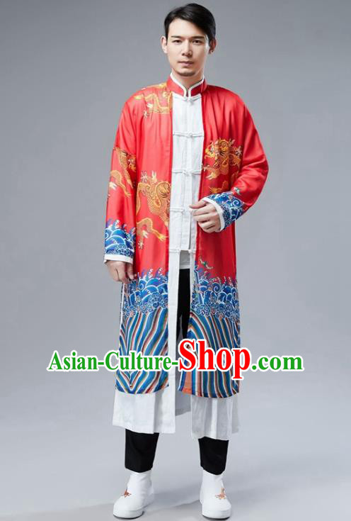 Chinese National Printing Dragon Red Chiffon Coat Traditional Tang Suit Outer Garment Overcoat Costume for Men