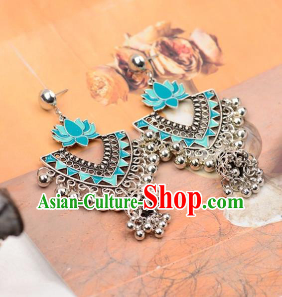 Asian India Traditional Light Blue Lotus Eardrop Asia Indian Earrings Bollywood Dance Jewelry Accessories for Women
