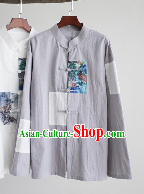 Chinese National Men Grey Linen Shirt Traditional Tang Suit Costume Upper Outer Garment Overshirt