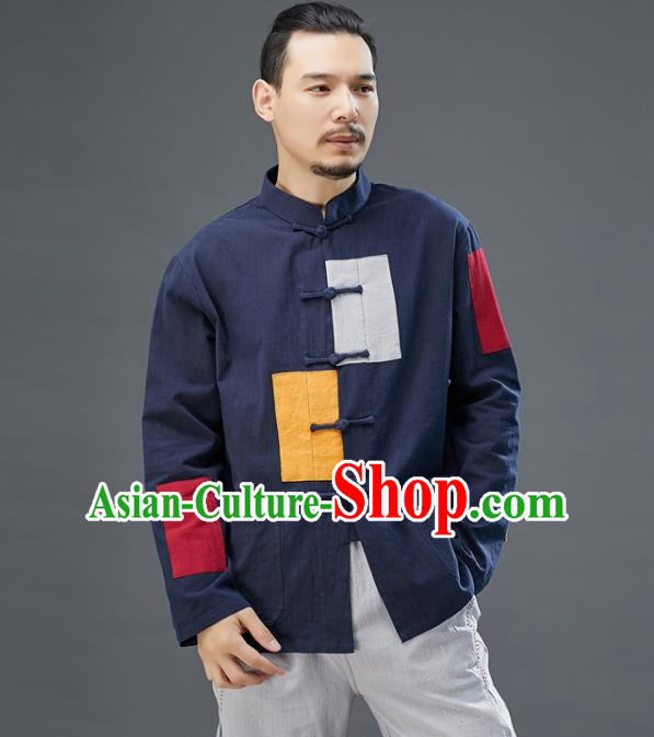 Chinese National Men Navy Linen Shirt Traditional Tang Suit Costume Upper Outer Garment Overshirt