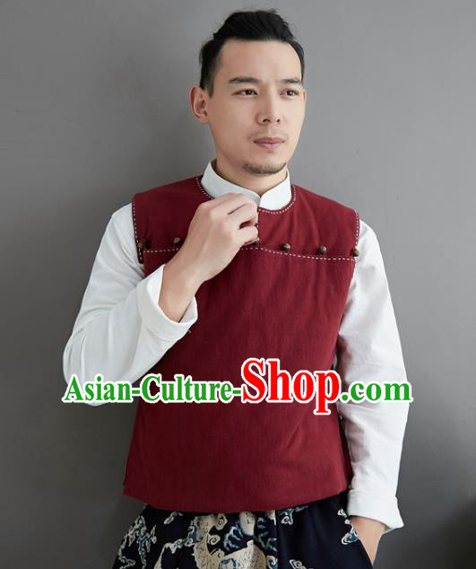 Chinese National Red Ramine Vest Traditional Tang Suit Upper Outer Garment Waistcoat Costume for Men