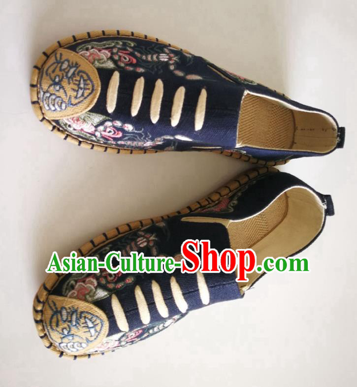Chinese Traditional National Embroidered Navy Flax Shoes Martial Arts Shoes Men Shoes Handmade Shoes