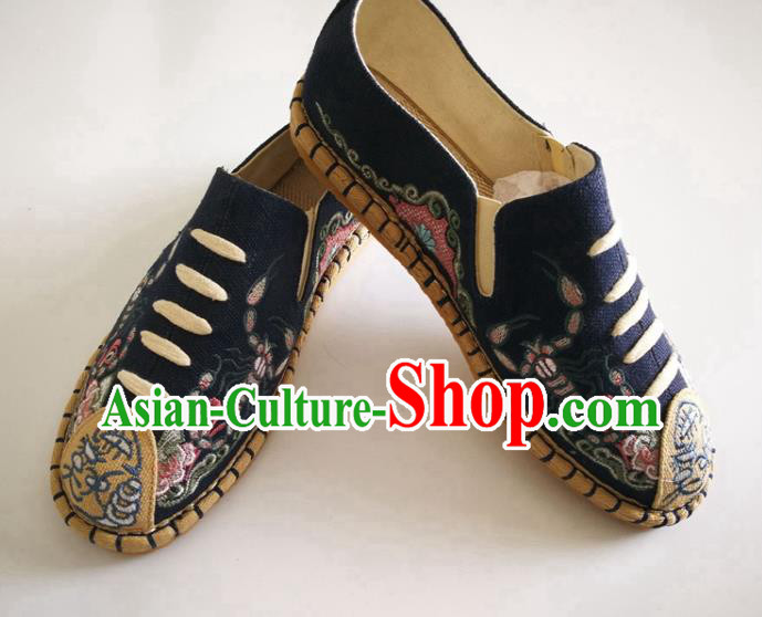 Chinese Traditional National Embroidered Navy Flax Shoes Martial Arts Shoes Men Shoes Handmade Shoes