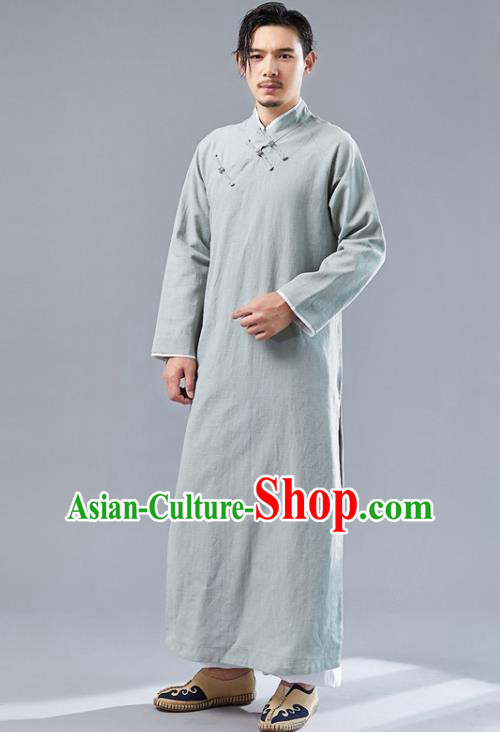Republic of China National Light Green Flax Robe Traditional Tang Suit Costume Comic Dialogue Long Gown for Men