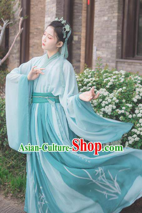Traditional Chinese Jin Dynasty Noble Lady Costumes Ancient Female Scholar Green Hanfu Dress for Women