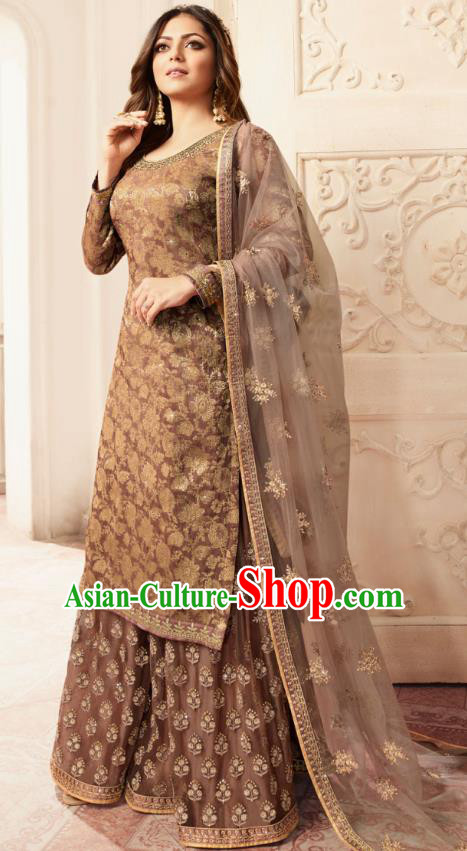 Asian India National Punjab Costumes Asia Indian Traditional Embroidered Brown Long Blouse Sari and Loose Pants for Women