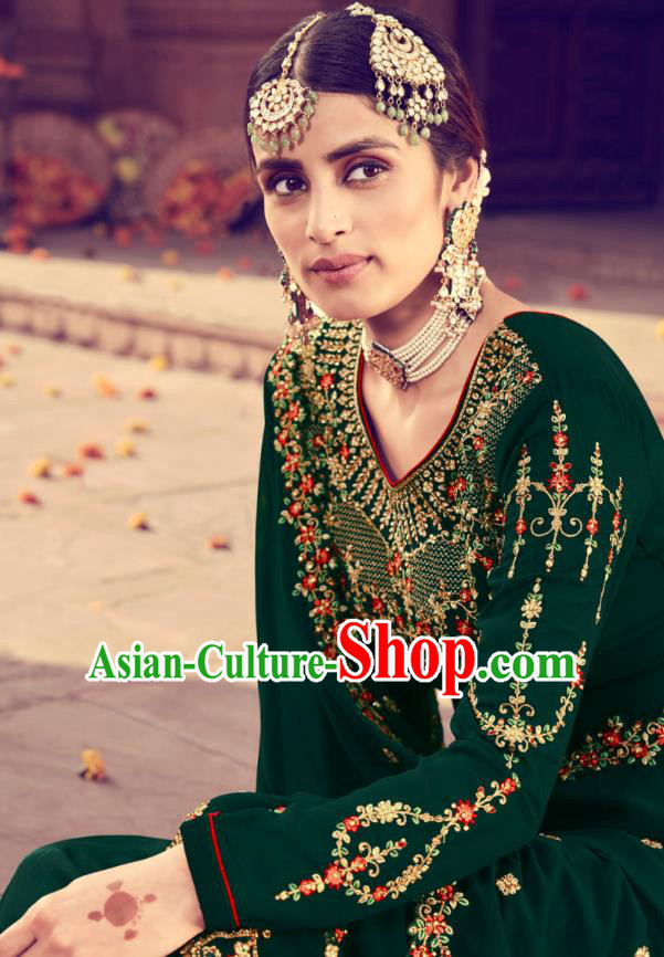 Asian India Traditional Punjab Suits Costumes Asia Indian National Embroidered Deep Green Georgette Long Blouse and Loose Pants Shawl Complete Set