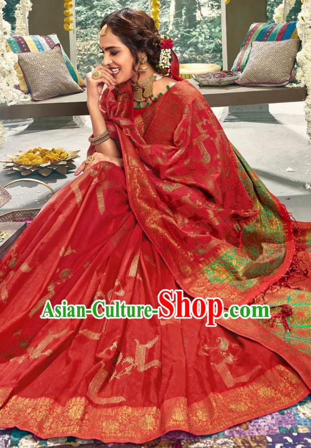 Asian India National Bollywood Red Silk Saree Costumes Asia Indian Bride Traditional Blouse and Sari Dress for Women