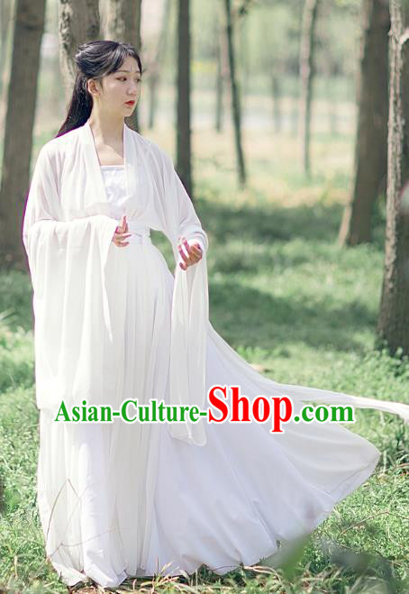 Traditional Chinese Tang Dynasty Female Swordsman Costumes Ancient Goddess White Hanfu Dress Apparel for Women