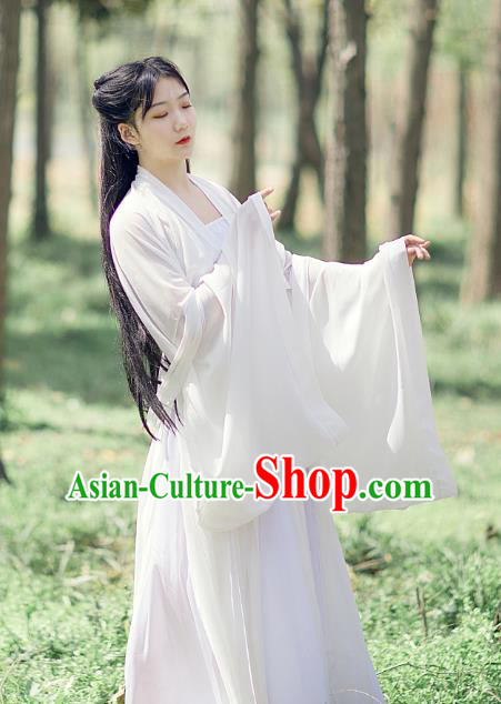Traditional Chinese Tang Dynasty Female Swordsman Costumes Ancient Goddess White Hanfu Dress Apparel for Women