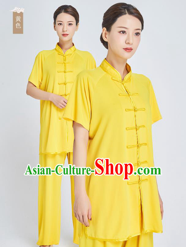 Top Grade Kung Fu Costume Martial Arts Training Yellow Milk Fiber Uniform Shaolin Gongfu Tai Ji Clothing for Women