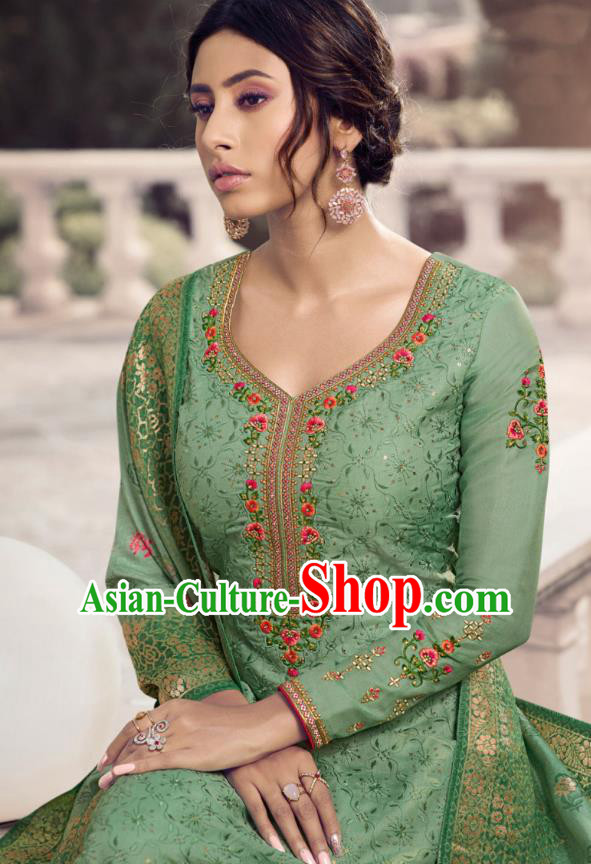 Asian India Traditional Costumes Asia Indian National Festival Punjab Suits Deep Green Silk Long Blouse Shawl and Loose Pants Complete Set