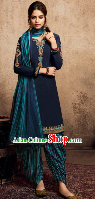 Asian India Traditional Civilian Woman Costumes Asia Indian National Punjab Suits Navy Crepe Long Blouse Shawl and Loose Pants Full Set