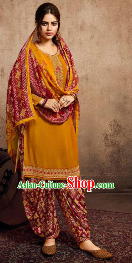Asian India Traditional Civilian Woman Costumes Asia Indian National Punjab Suits Orange Crepe Long Blouse Shawl and Loose Pants Full Set