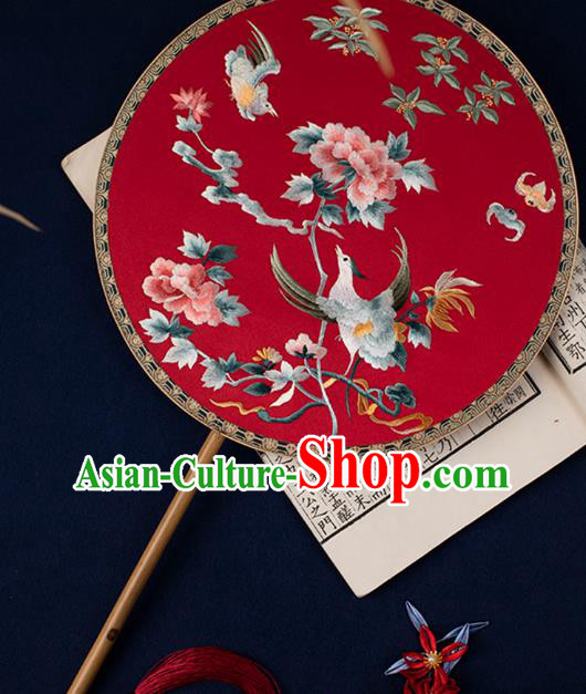 China Traditional Wedding Silk Fan Embroidered Phoenix Peony Palace Fan Handmade Hanfu Circular Fan