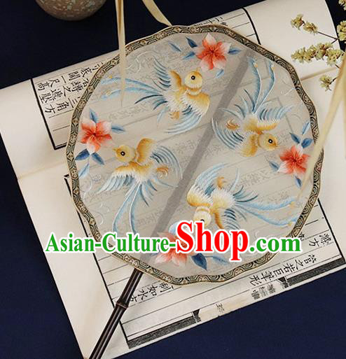 China Handmade Ebony Hanfu Fan Embroidered Flower Birds Palace Fan Traditional White Silk Fan