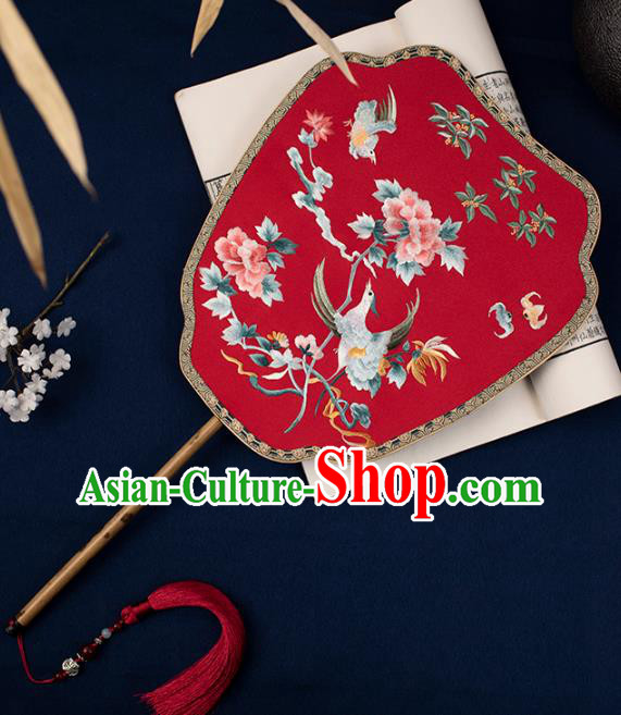 China Traditional Wedding Red Silk Fan Handmade Bride Hanfu Fan Embroidered Phoenix Peony Palace Fan