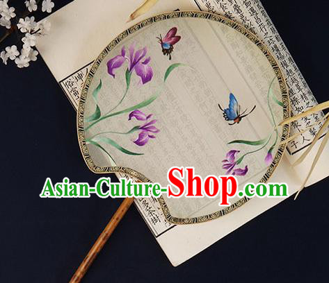 China Embroidered Orchid Butterfly Palace Fan Handmade Bride Hanfu Fan Traditional White Silk Fan