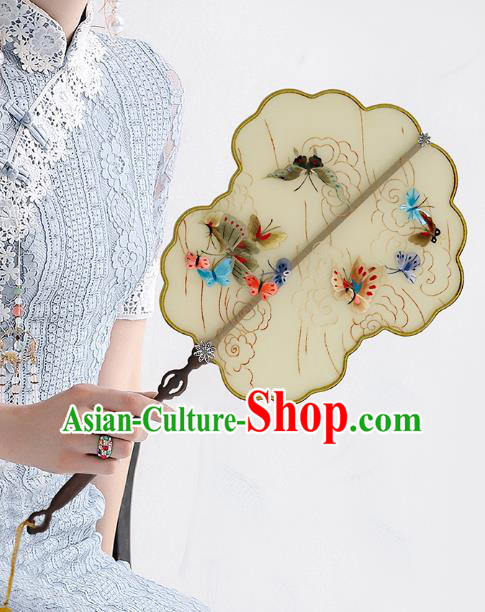China Traditional Wedding Beige Silk Fan Embroidered Butterfly Palace Fan Handmade Bride Bamboo Hanfu Fan