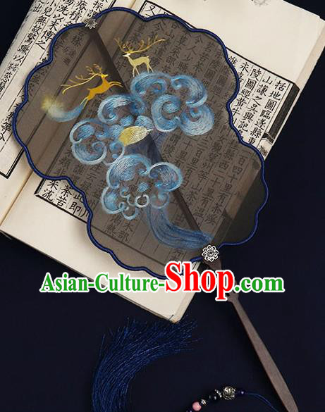 China Handmade Double Side Hanfu Fan Traditional Bride Black Silk Fan Suzhou Embroidered Deer Palace Fan